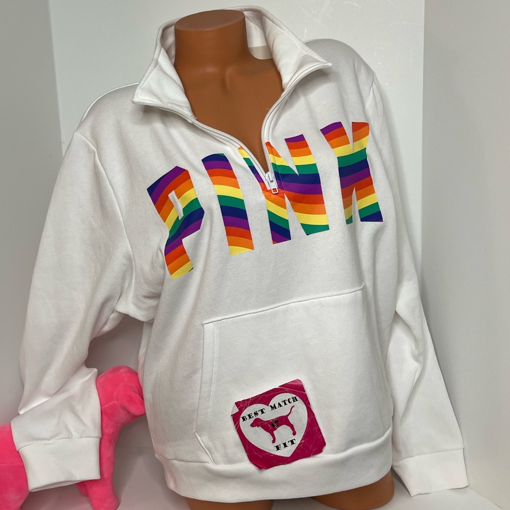 Victoria’s Secret PINK XXL Logo Quarter Zip Sweatshirt Pride Rainbow White Soft